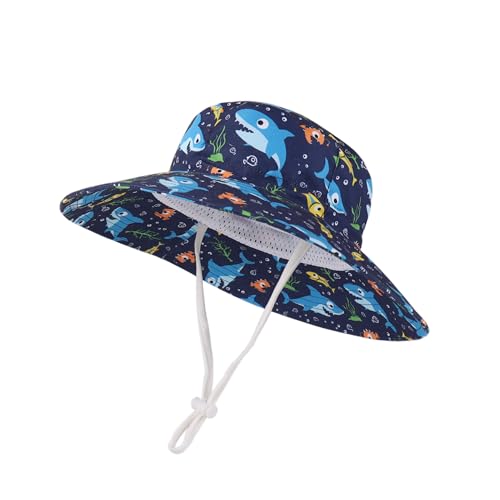 LANGZHEN Sun Protection Hat for Kids Toddler Boys Girls Wide Brim Summer Outdoor hat Cotton Baby Bucket Hat with Chin Strap(Navy Blue Underwater Bubble Shark)