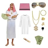 Disfraz Jeque Arabe para Adulto,Sheikh Traje Árabe,Conjunto Arabian Costume,Conjunto de Disfraz jeque Con Anillo de Dedo, Collar, Gafas de Sol, Adecuado para El Carnaval, Fiesta, Cosplay (XXL)