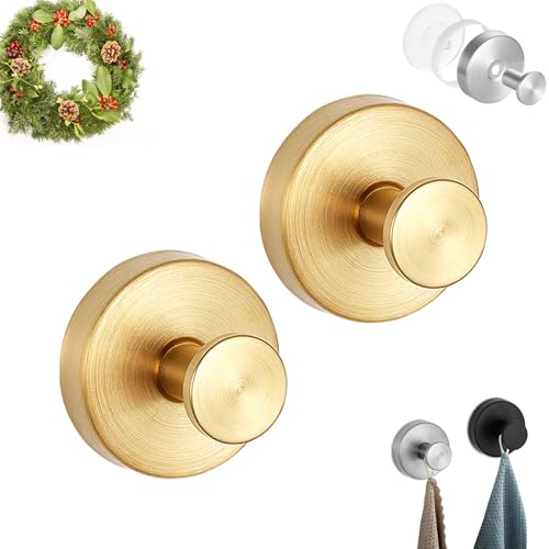 Pwzoax Upgraded Suction Cup Hooks - Wreath Hangers for Front Door, No Drill Suction Cup Hooks for Door Wreaths Bathroom Kitchen Glass (Gold,2pcs)