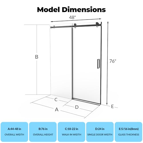 Image of GarveeTech 44-48 inch W x 76 inch H Frameless Sliding Shower Door,5 /16 inch Thick Tempered Clear Glass with Explosion-Proof Film,Easy-to-Clean Coating,Handle and Seal Strip, Matte Black