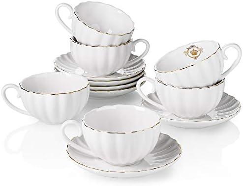 Amazingware Royal Tea Cups and Saucers, with Gold Trim and Gift Box, British Coffee Cups, Porcelain Tea Set, Set of 6 (8 oz)- White