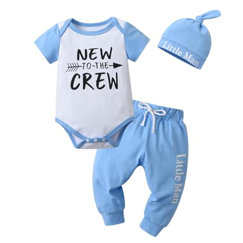 Image of Tinykeke Newborn Baby Boy Clothes Infant New to The Crew Short Sleeve Romper + Hat +Pants 3pcs Summer Outfits Sets (6-9 Months) Blue