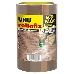 UHU Rollafix - Ruban Adhésif Marron - Emballage, Packaging - Adhérence Elevée - Sans Solvants - Se Déchire à la Main - Lot de 3 Rubans de 50 m x 50 mm