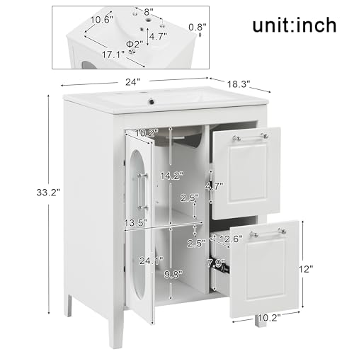 LUMISOL 24\" White Vanity with Sink, Solid Wood Bathroom Storage Cabinet with Glass Door and 2 Drawers, Freestanding Bathroom Vanity with Ceramic Sink, Soft-Close, White - Thumbnail 2
