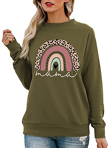 Womens Mama Sweatshirt Rainbow Graphic Mom Shirts Mother Gifts Blouse Casual Long Sleeve Tee Tops (green, L)