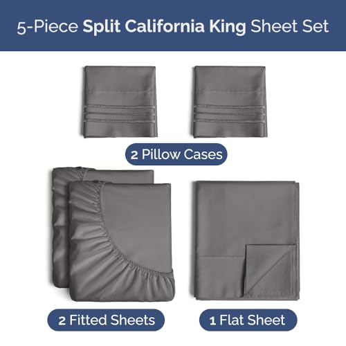 Image of Split Cal King Bed Sheet Set - 5 Piece Split Cal King Sheets - Dark Grey | Ultra-Soft, Breathable & Cooling - Comfy, Wrinkle & Fade Resistant - Fits 8 inch to 16 inch Inch Mattress with Deep Pockets