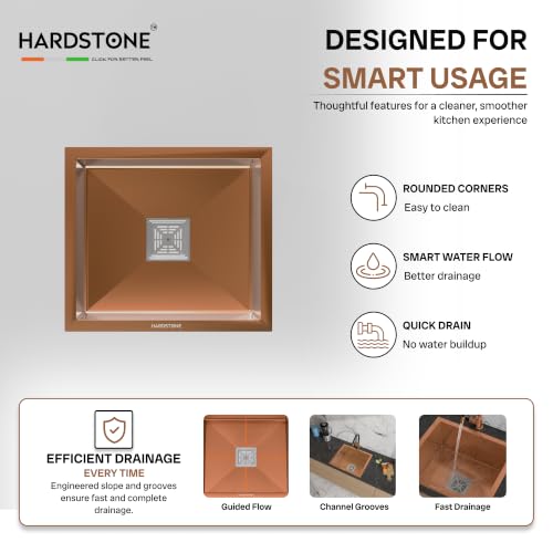 Image of HARDSTONE Premium Kitchen Sink | Single Bowl 16x18x9 Inch | Handmade Heavy Duty Stainless Steel Wash Basin with Matte Rose Gold Finish | Includes Waste Hose Pipe, Coupling & Drying Rack | Rose Gold