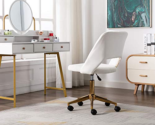 Dm Furniture Velvet Office Desk Chair With Wheels, Mid Back Modern Home Office Chair Small And Cute For Bedroom, White With Gold Base #TOP4