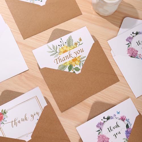 Conjunto de cartões de agradecimento e desejos de flores dobráveis de 25 psc, envelopes kraft branco