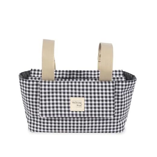 Walking Mum. Bolso organizador I Love Vichy. Bolsa de maternidad para silla de paseo. Asas cortas para fijar al carro. Color Negro. Medidas 31X17X12 cm.