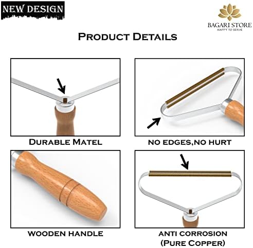 Bagari Pro Lint Remover Carpet Scraper Tool - Best Pet Hair Remover for carpet and sofas. Wooden Handle fabric Shaver for clothes. Copper Lint Shaver to clean Clothes, Blankets, Stair Carpet -1 Pack