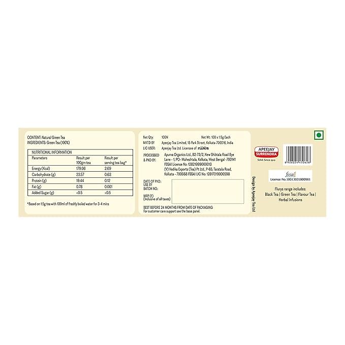 Image of Flurys Pure Green Tea - 100 Teabags Envelope Pack I Premium Green Tea | Detox & Antioxidant Support (Pack of 3)