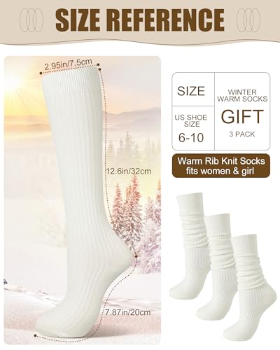 Shihanee 3 Pairs Winter Women Knee High Socks Long Ribbed Knit Slouchy Boot Socks Warm Gifts for Women Girls(Cream)