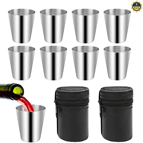 8 PCS Stainless Steel Shot Cups 30ml Metal Shot Glasses Portable Schnapps Cup Mini Camping Wine Drinking Glasses Mug with 2 PCS Black Leather Case for Hiking Picnic Camping Travel