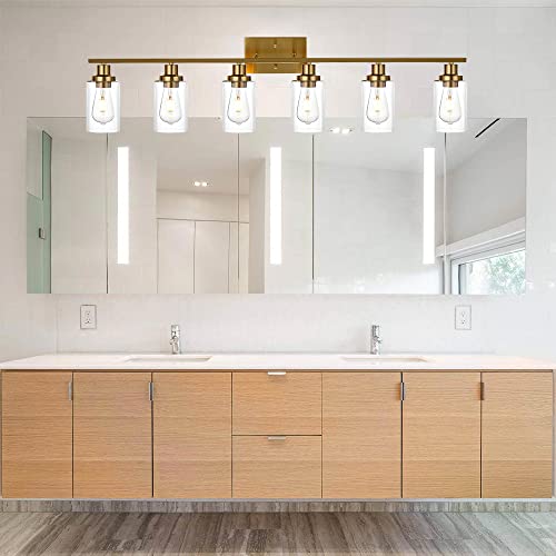 Queeuq Farmhouse Bathroom Vanity Light Fixtures Brushed Brass Finished 6-Light With Clear Glass Rustic Bathroom Lighting Wall Sconces For Dining Room Living Room Kitchen Hallway #TOP1