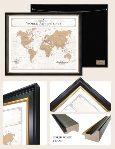 Image of IPIC - Custom Vintage World Map Canvas Wall Art, Personalized Artwork with Names and Message on, Framed Large Travel Map for Home, Office, or Study, Push Pin Wall Decor for Travel Lovers
