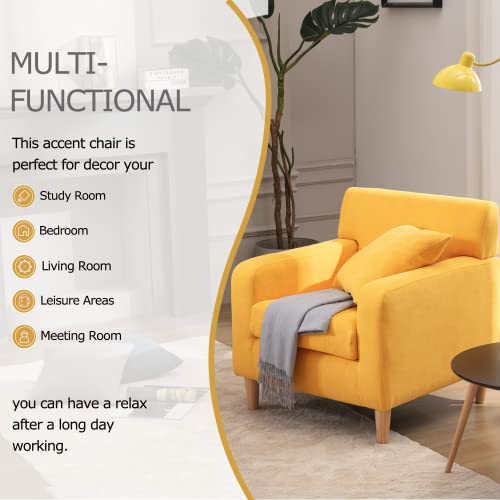 HOMYKA Upholstered Linen Armchair with Pillow, Modern Accent Arm Chair, Comfy Reading Chair for Living Room Bedroom with Wood Legs, Single Sofa Chair, Fabric Lounge Arm Chairs, Yellow