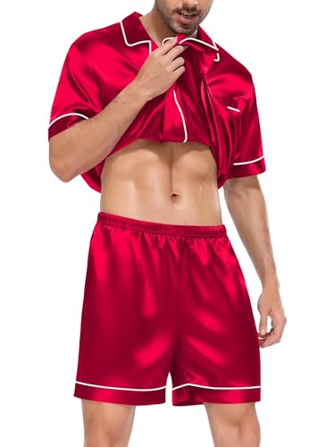 Image of SWOMOG Satin Matching Pajamas Sets Couple Silk Button Down Nightwear Women & Men Short Sleeve Sleepwear 2 Pieces Loungewear