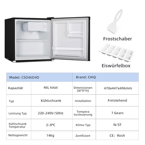 CHIQ Mini Bar Kühlschrank 46 L, Mini Kühlschrank, EEK D, Temperaturregelung, 63 kWh/Jahr, Sehr Leise 37dB, Kühlschrank klein, wechselbarer Türanschlag, Schwarz, CSD46D4D