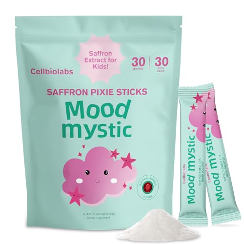Saffron Pixie Sticks for Kids-Saffron Supplements with Magnesium Citrate,L-Tryptophan & Vitamin D3, Sugar-Free Natural Flavor Powder (30 Servings)