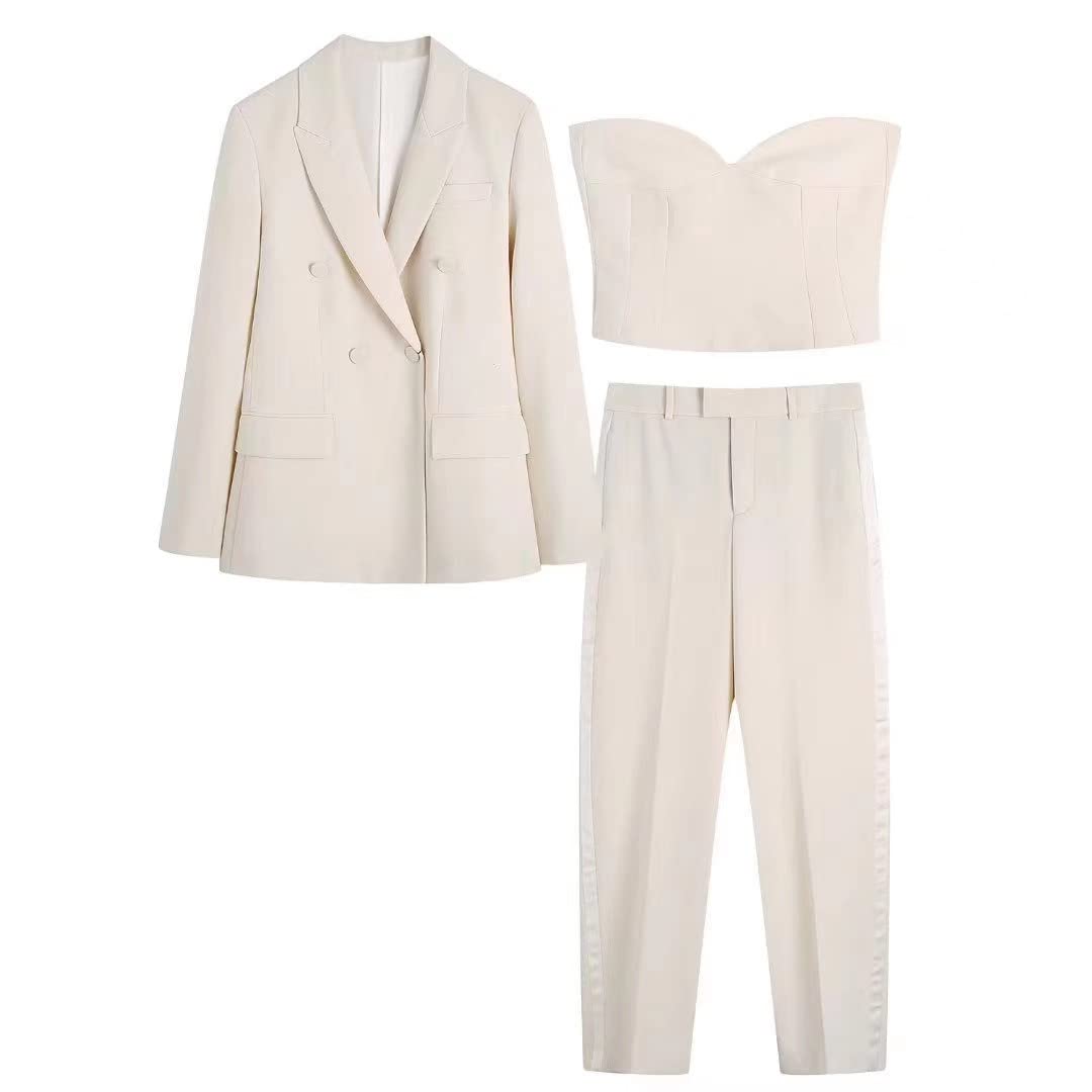 Traje ajustado de doble botonadura para mujer, 3 piezas, casual, oficina, cintura alta, pantalones sueltos, cuello en V