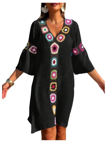 SweatyRocks Women's Floral Crochet Coverups Dress 3/4 Sleeve V Neck Sheer Beach Cover Up Dress