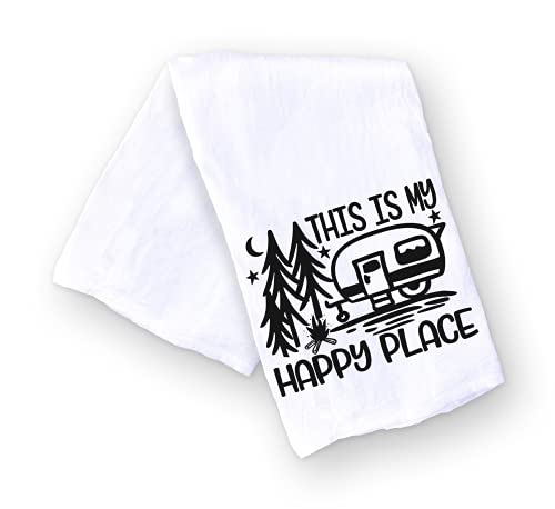 Handmade Funny Camping Kitchen Towel - 100% Cotton Funny Sayings Dish Towel For Rv Camping Accessories- 28X28 Inch Perfect For Housewarming-Christmas-Camping Gifts (This Is My Happy Place) #TOP5