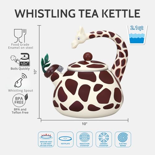 Whistling Tea Kettle for Stove Top Enamel on Steel Teakettle, Supreme Housewares Giraffe Design Teapot Water Kettle Cute Kitchen Accessories Teteras (2.1 Quart, Giraffe)