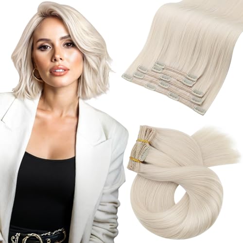 Moresoo Clip in Hair Extensions Human Hair Blonde Remy Hair Extensions Real Human Hair Clip ins White Blonde Double Weft Human Hair Clip in Extensions Blonde #60A 14inch 5Pcs/70G