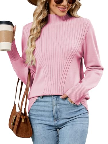 Image of Famulily Ladies Classy Half Turtleneck Jumpers Long Sleeve Autumn Winter Pullover Ribbed Knit Sweater Tops (XL, Pink)