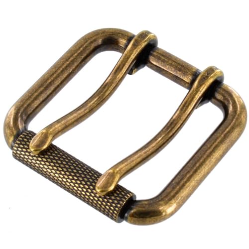 Buckleguy.com B7357 Antique Brass, Double Prong Roller Buckle, w/Textured Roller, Solid Brass-LL, 1-1/2"