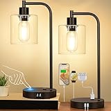 Set of 2 Industrial Touch Control Table Lamps with USB C+A Ports and AC Outlet - 3-Way Dimmable Black Bedside Lamps Nightstand Desk Lamps for Bedroom Living Room, Glass Shade & 2 LED Bulbs Included