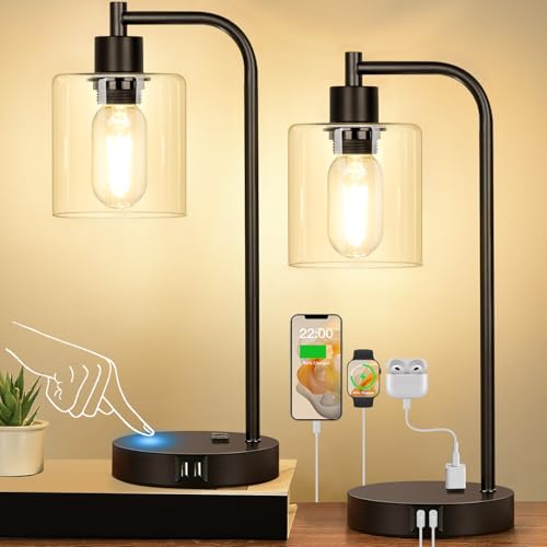 Set of 2 Industrial Touch Control Table Lamps with USB C+A Ports and AC Outlet - 3-Way Dimmable Black Bedside Lamps Nightstand Desk Lamps for Bedroom Living Room, Glass Shade & 2 LED Bulbs Included by Nintiue - Used condition - US$39.55