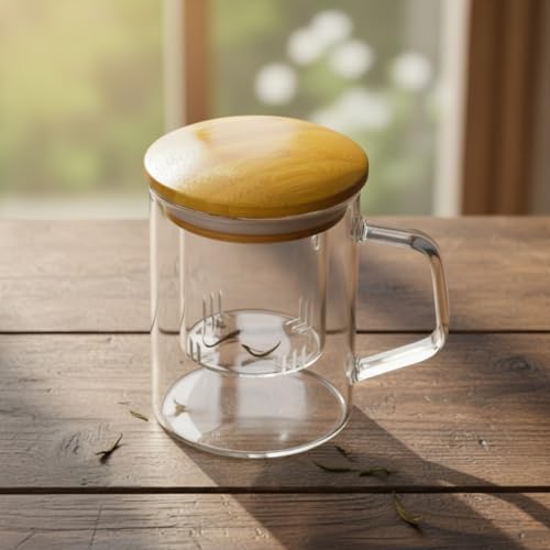 Deconox Bambu Kapaklı Cam Süzgeçli Kupa 350 ml | Bitki Çayı, Demleme Çay ve Kahve Kupası | Borosilikat Isıya Dayanıklı Cam | Düz Model
