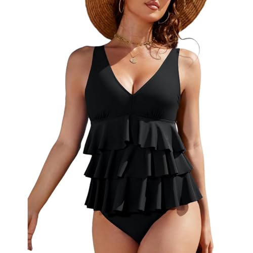 Akklian Womens Two Piece Swimsuit Ruffle Tiered Flowy Tankini Top with Tummy Control Bottom Modest Full Coverage Bathing Suit2