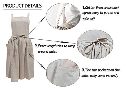 Losofar Women Girls Vintage Apron Adjustable Gardening Works Cross Back Cotton/Linen Blend Aprons Pinafore Dress With Two Pockets (Beige, One Size) #TOP2