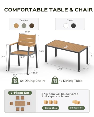 Vexwalx 7-Piece Outdoor Dining Set, Aluminum Dining Table Set for 6, Patio Table and Chairs Set with Umbrella Hole, All Weather HDPS Outdoor Table and Chairs for 6 (Gray-Teak)