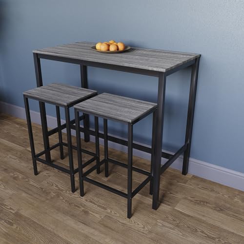 Vida Designs Roslyn 3-Piece Table Set with 2 Stools/Chairs, Compact Design for Dining, Kitchen, Breakfast Bar, Apartment, Balcony, Garden with Industrial Steel Frame, H90xW100xD50cm (Grey) - Image 5