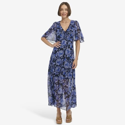 Image of Tommy Hilfiger Women's Elbow Sleeve V-Neck Empire Waist Chiffon Dress