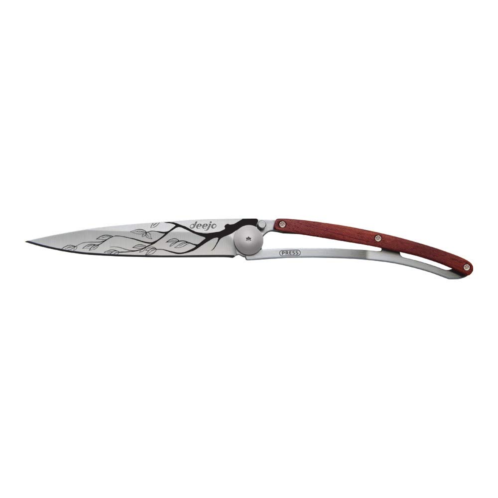 Deejo - Couteau de Poche Pliant 37g avec Clip Ceinture - Manche en Bois Corail, Lame en Acier Inoxydable - Motif Arbre - Couteau de Table, Randonnée, Camping, Bivouac
