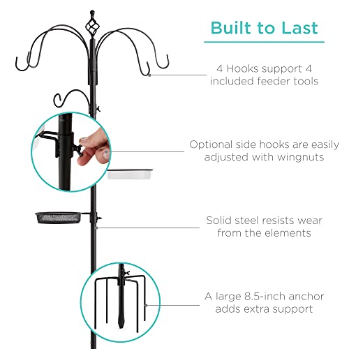 Best Choice Products 6-Hook Bird Feeding Station, Steel Multi-Feeder Kit Stand For Attracting Wild Birds W/ 4 Bird Feeders, Mesh Tray, Bird Bath, 5-Prong Base - Black #TOP4
