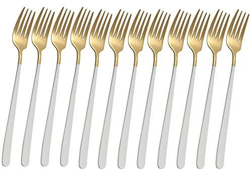 Image of YANCI Dinner Forks Set, Stainless Steel Table Forks Flatware with Colorful Handle 8 Inch Long Handle Fork for Buffet Steak Salad Cake Dessert Fruit for Home, Kitchen & Restaurant (White, Pack of 12)