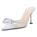 MIRAAZZURRA Women High Heeled Mules Clear PVC Pointed Toe Rhinestone Bow-knot Wedding Sparkly Sandal