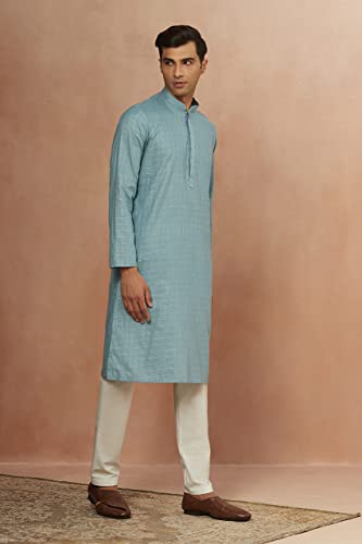 Image of Manyavar Men's Art Silk Checkered Self Design Mandarin Collar Kurta Set (2pcs)