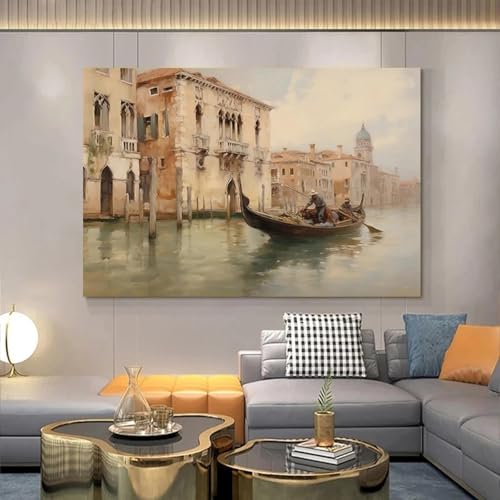 Toile Venise Lever de Soleil : décoration murale océan et bateaux apaisante