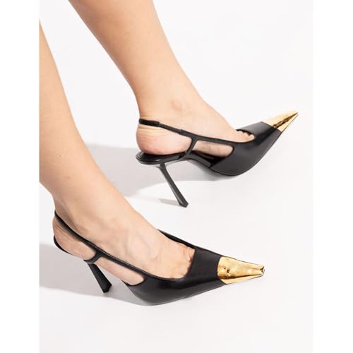 MeiLuSi Womens Slingback Heels Metal Pointed Toe Leather High Heels Stiletto Heel Pumps Backless Pumps Slip on Elastic Strap Party Dress Shoes2