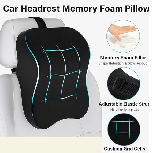 Image of Sulfar Neckrest Cushion for Neck and Cervical Support - Car Headrest Memory Foam Pillow - Designed to Relieve Neck Pain and Muscle Tension with Balanced Softness (Black, Pack of 1) Large