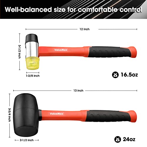 Valuemax Rubber Mallet, 16Oz Rubber Mallet Hammer And 35Mm Double-Faced Soft Mallet, Fiberglass Handle With Soft Grip, Solid Head, 2 Piece Black Mallet Set #TOP4