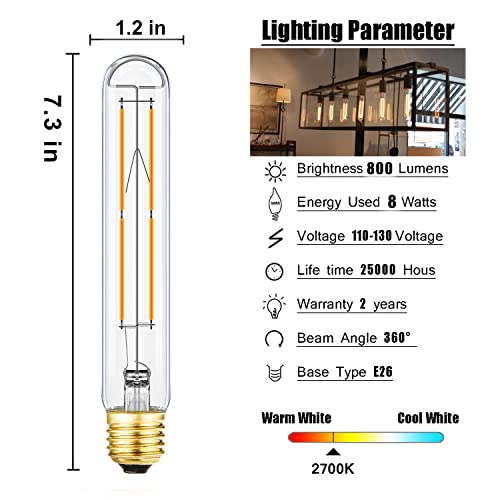4 Pack T10 Led Bulb 8W Dimmable E26 Base Tubular Light Bulb 2700K Warm White 75W Equivalent 800Lm 7.3In Bulb For Rustic Pendant, Wall Scones Tube Light Bulbs Desk Lamp Vintage Edison Long Light Bulbs #TOP1