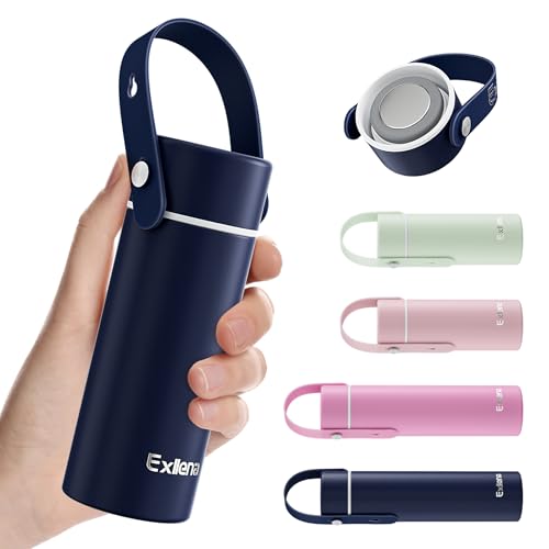 Exllena 200ml Small Water Bottle with Adjustable Silicone Handle Made of 100% Stainless Steel (Body + Lid), Mini Metal Water Bottle for Handbag, Leakproof (Midnight Sapphire)